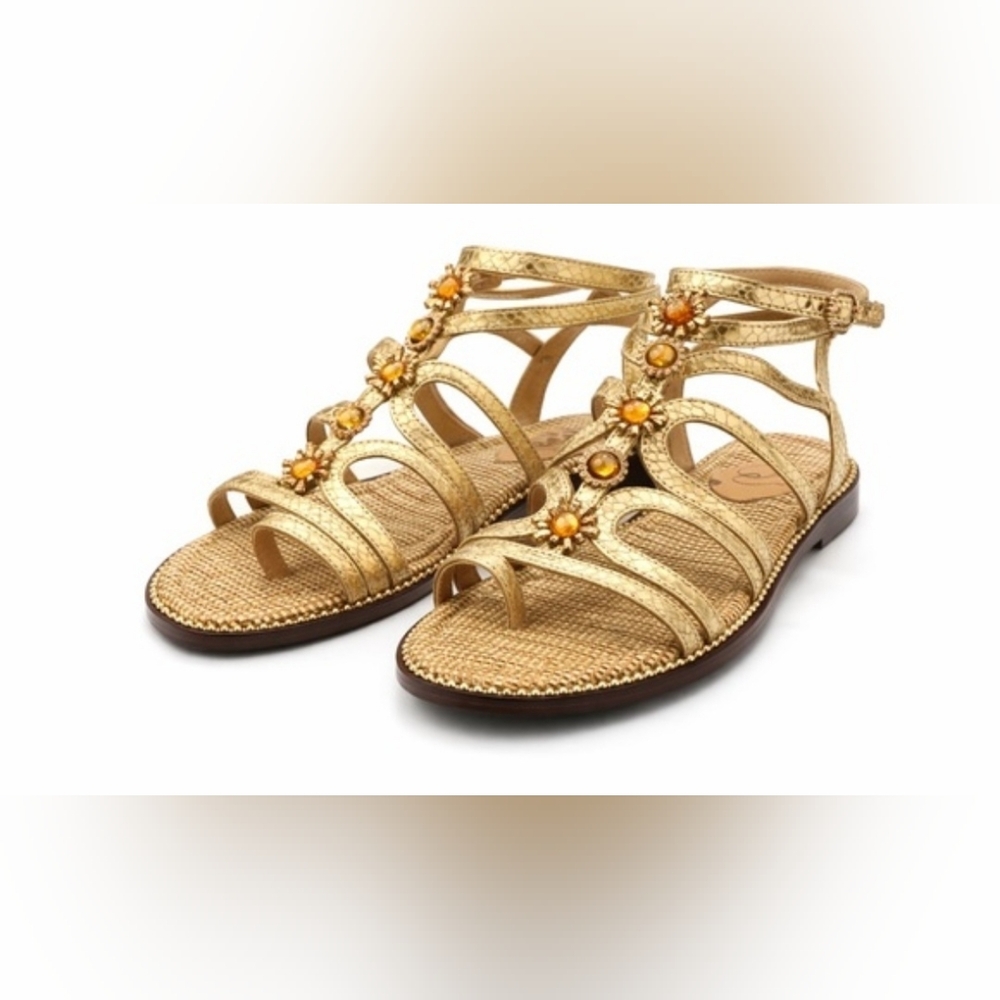 Size7 Sam Edelman Gold Floral Gladiator Sandals - Women Retail 160$
